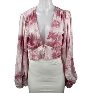 Signature8 Pink Tie Dye Deep V Neck Long Balloon Sleeve Blouse Crop Top Size M